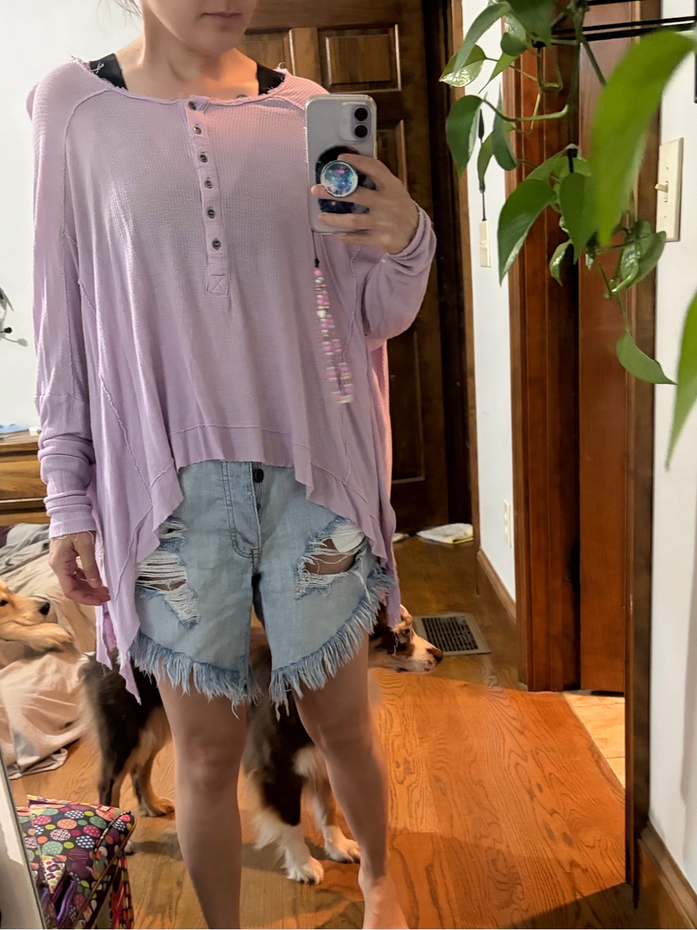 Free People Light Lavender Henley Top - Oversized Waffle Knit